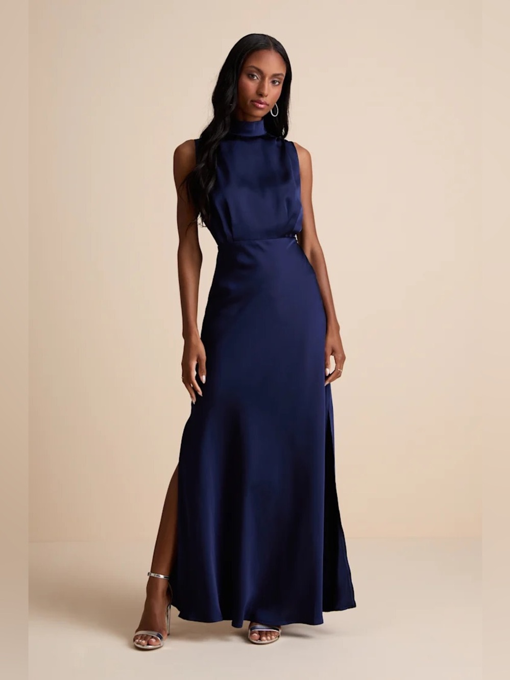 Lulus Classic Elegance Navy Satin Sleeveless Mock Neck Maxi Dress